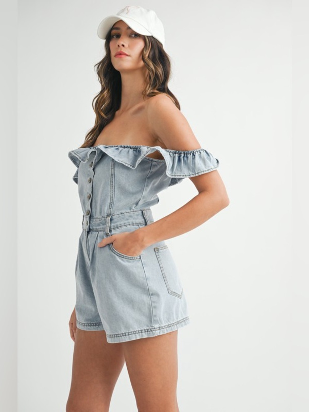 MABLE Off Shoulder Ruffle Detail Denim Romper - Picture 5 of 14